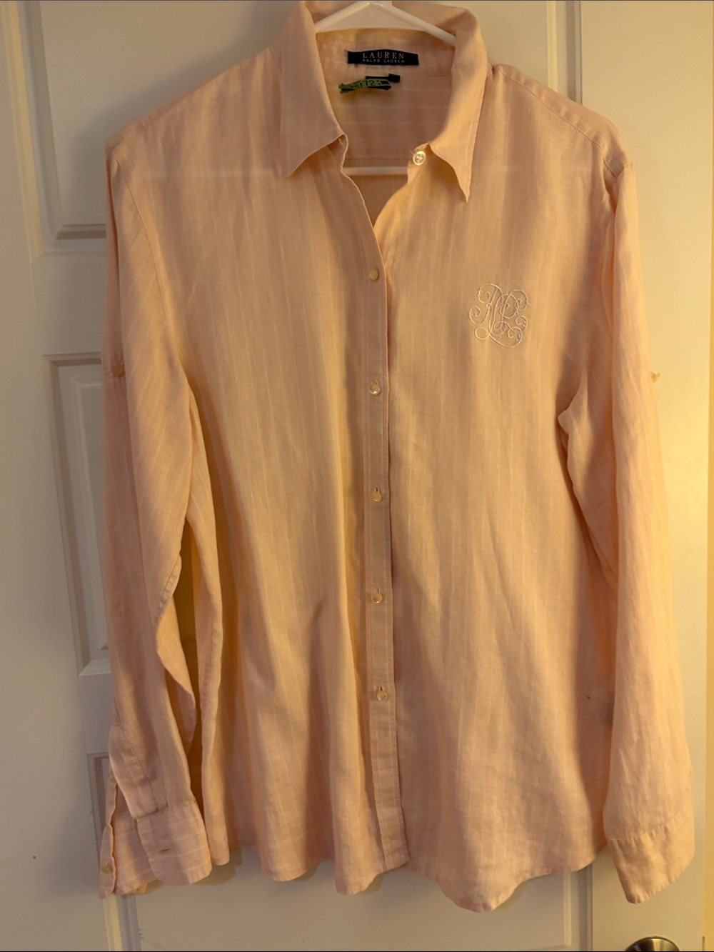 Lauren Ralph Lauren Vintage Pale Orange 100% Linen Pinstripe Blouse (L)